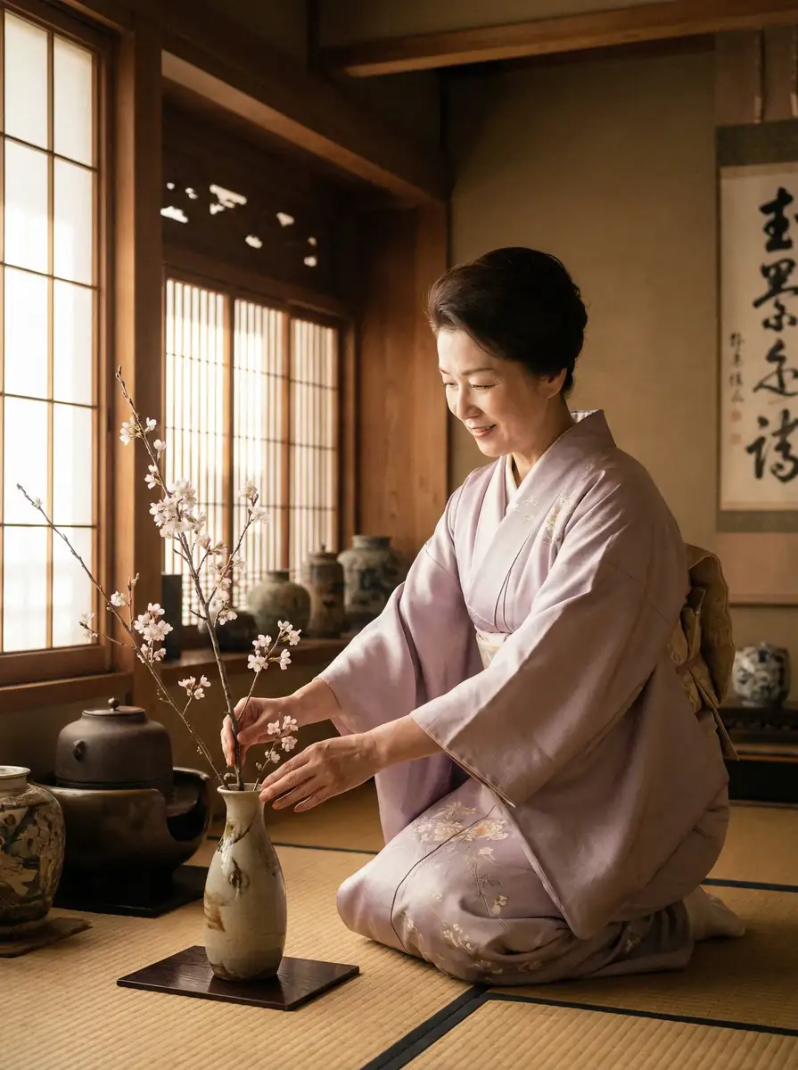 一位优雅的 野花视频在线观看免费高清版 在和室中插花
